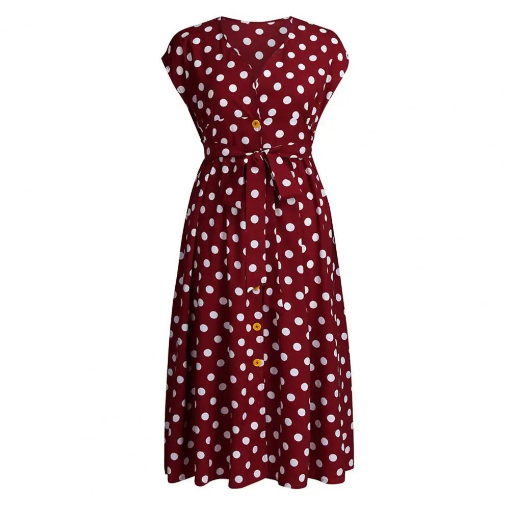 Women Plus Size Dress Polka Dot Print V Neck  Summer Single-breasted Sleeveless Large Hem Dress платье женское vestido mujer