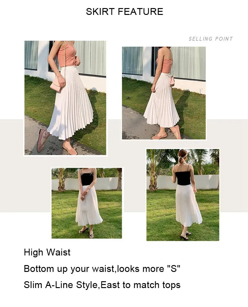 Women's Elegant Solid Color Midi Skirt Korean Female High Waist Fan-shaped Pleated Twill Skirts Faldas 2021 Summer Autumn Sk772