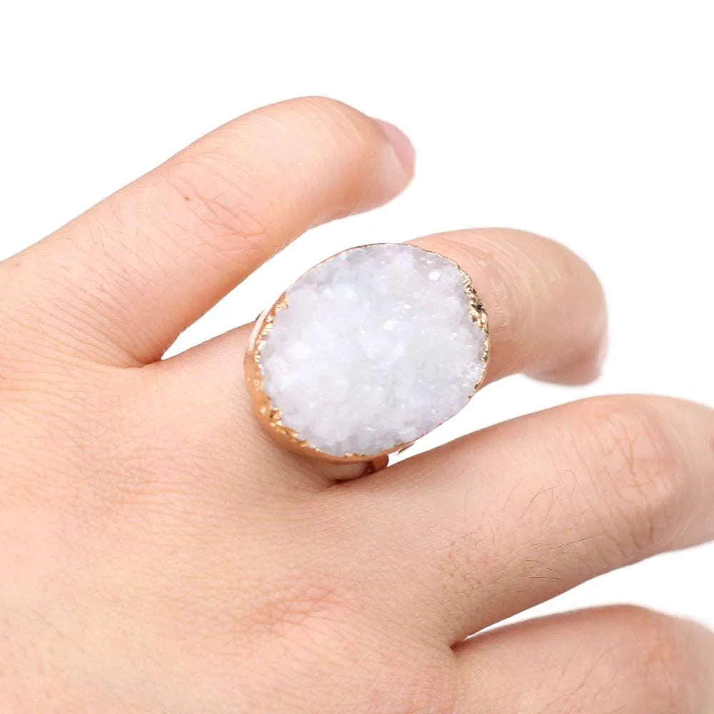 Natural Druzy Agates Rings Diamon-Studded Open Finger Rings Irregular Charm Rings for Women Men Party Wedding Jewelry