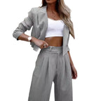 Women's Commuter Set 2024 Women's Clothing Style Tailored Collar Casual Stripe Short Collar Suit Coat Straight Leg Pants Set