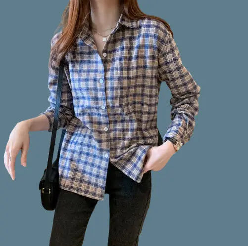 Vintage All-match Plaid Shirt for Female 2022 Spring Women's Clothing Korean Simple Turn-down Collarlong Sleeve Casual Blouses