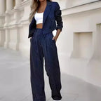 Women's Commuter Set 2024 Women's Clothing Style Tailored Collar Casual Stripe Short Collar Suit Coat Straight Leg Pants Set