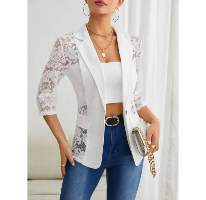 Women's Blazer Autumn 2024 New Lace Patch Single Breasted Flap Detail Y2k Coat Work Office Female Fashion Elegant Daily Jacket