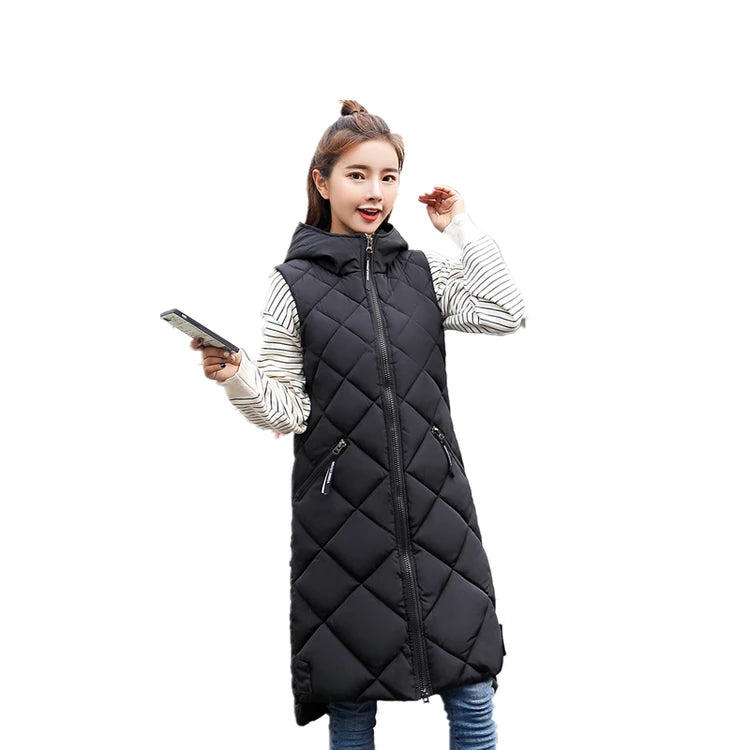 Women's Sleeveless Vest Long Down Padded Jacket Solid Color Hooded Loose Ladies Fashion Casual Warm Winter Jacket Vest Women