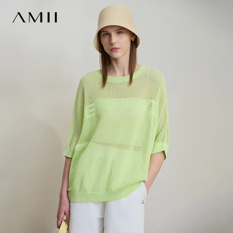 Amii Minimalist Women's Hollowed-out Knitted Pullover 2025 Summer New Half-sleeve Crew Neck Loose Blouse Thin Solid Top 12542139
