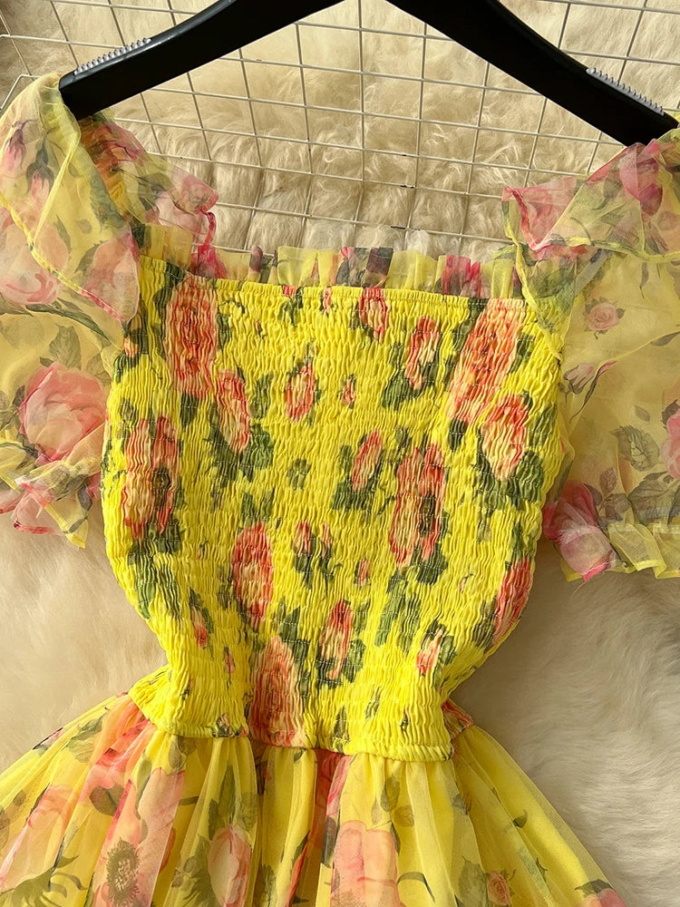 Summer Vintage French Mesh Dress for Women New Waist Cinched Slash Neck Bubble Sleeves Sweet Floral Chiffon Dress Female C146