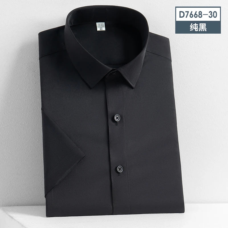 2023 Summer Short Sleeve High Density Silky Material Solid  Elastic Business Men Dress Shirts No Pocket Stretch Clothes