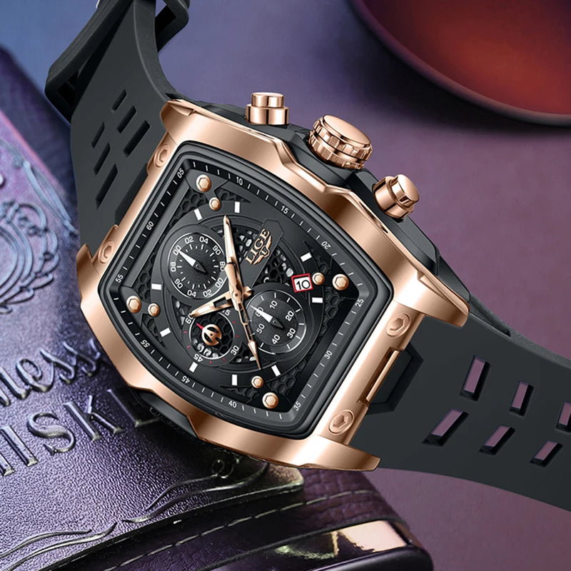 LIGE Quartz Mens Watches Fashion Business Military Wrist Watch For Men Silicone Sport Waterproof Chronograph Square Watch Men