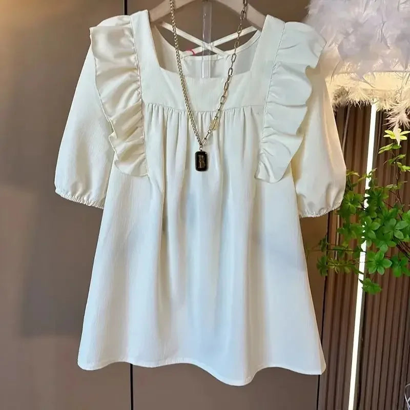 Summer Casual V-neck Back Cross Strap Fly Sleeve Elastic Shoulder Loose Fit Small Shirt Versatile Simple Top for Plump Sister