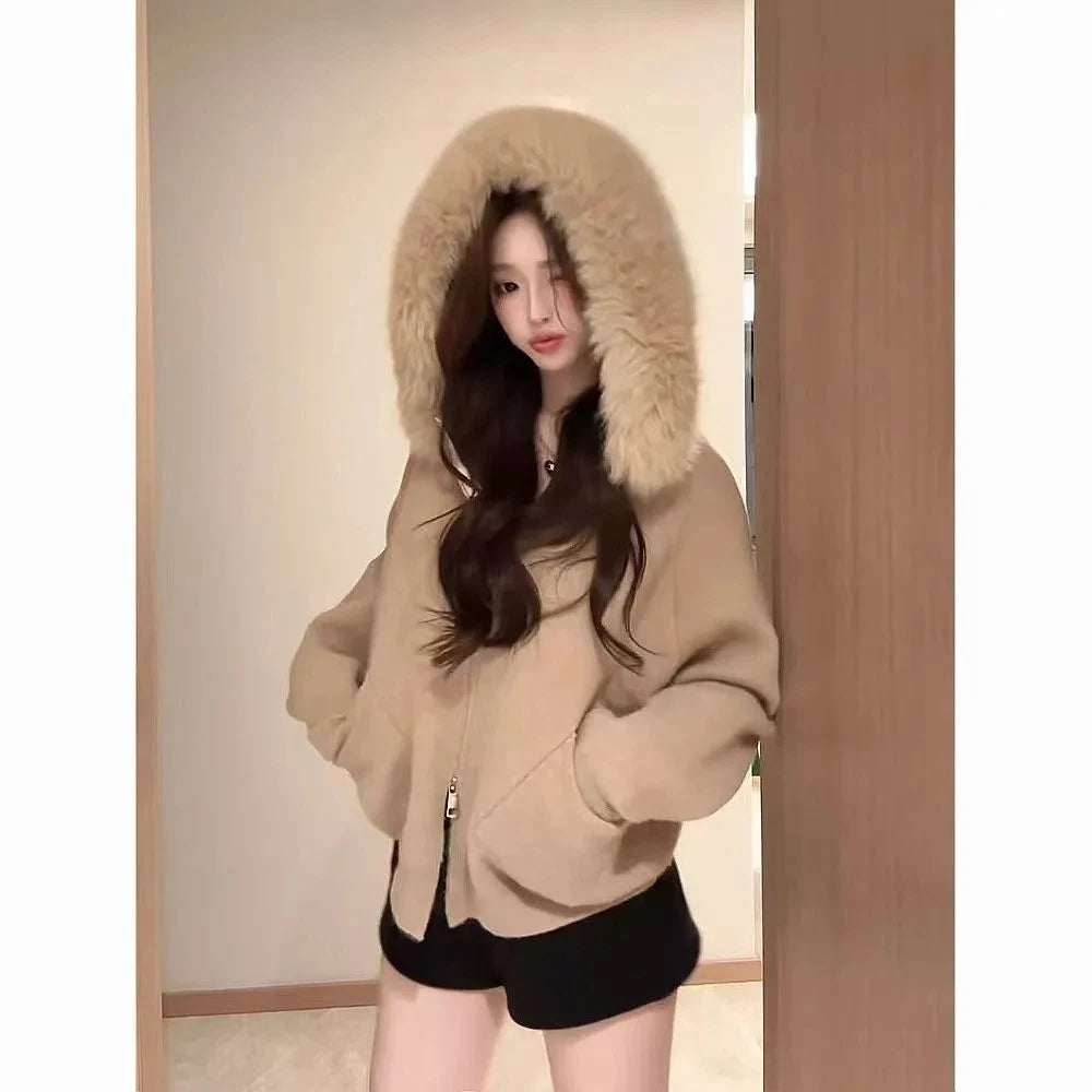 Cardigan Womens Y2k Spring Autumn Loose Hooded Knitted Coat Pure Color Casual Coats Offce Lady Streetwear Winter Clothing