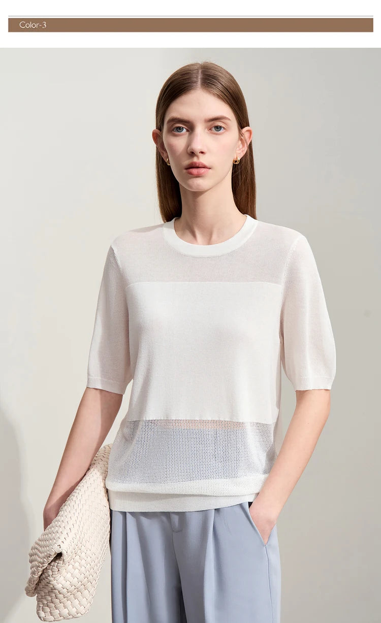 Amii Minimalism 2024 Knit Sweater Women Summer New Solid O-Neck Loose Short-sleeved Wool Casual Patchwork Chic Tops 12422028