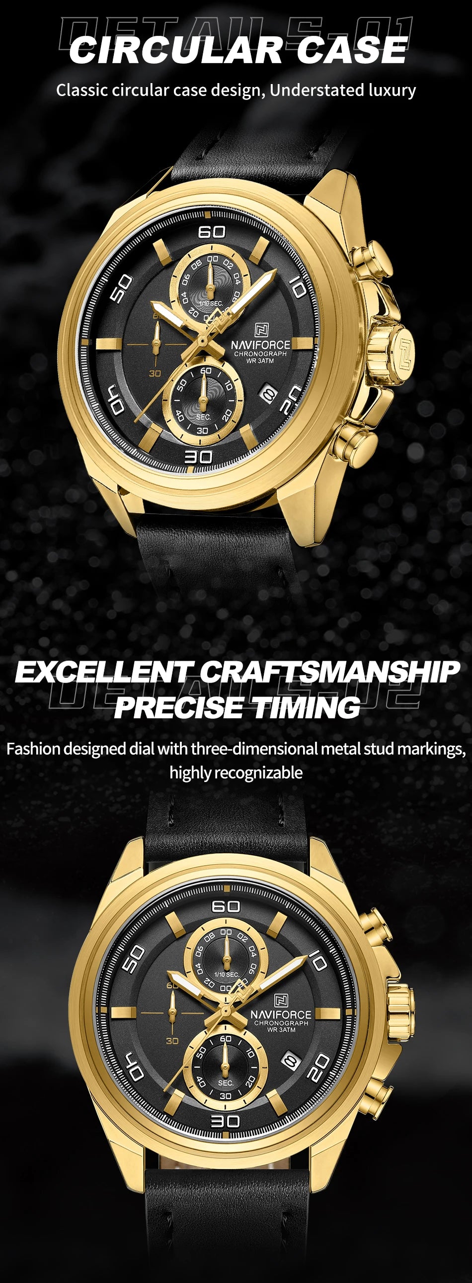 NAVIFORCE  Hands Wristwatches Genuine Leather Strap Alloy Case Casual Watches Dress Watch for Men Waterproof with Date Luminous