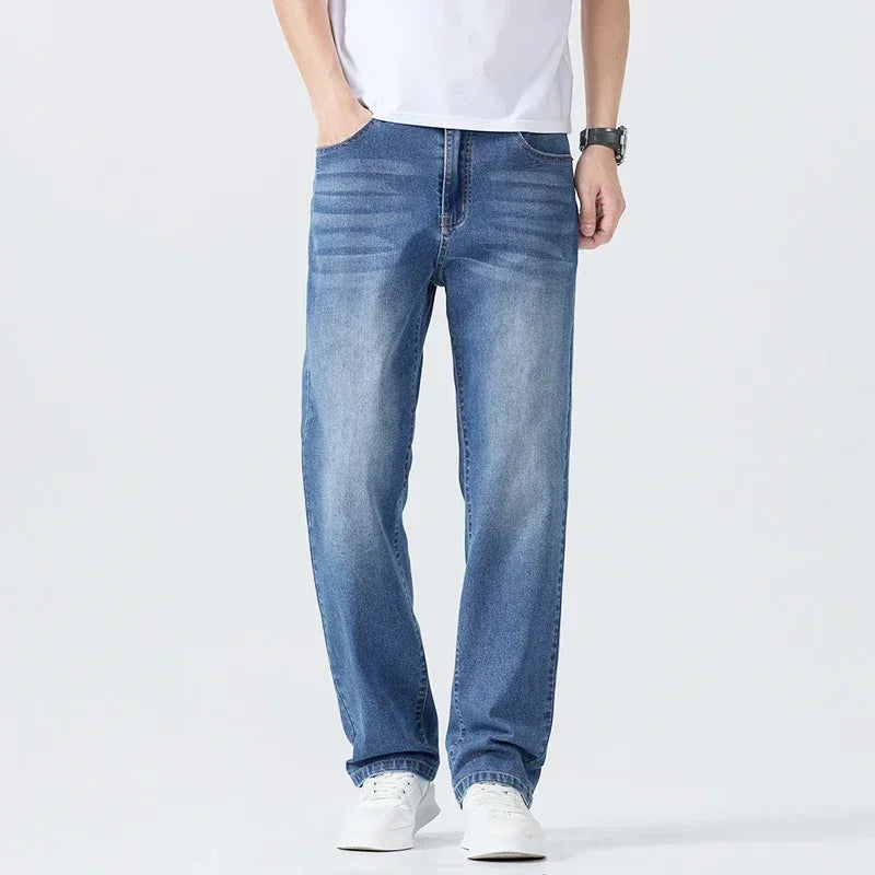 Summer Thin Straight Jeans Men's Clothing Soft Breathable Trousers Male Brand Comfortable Business Loose Denim Pants Retro Y2K