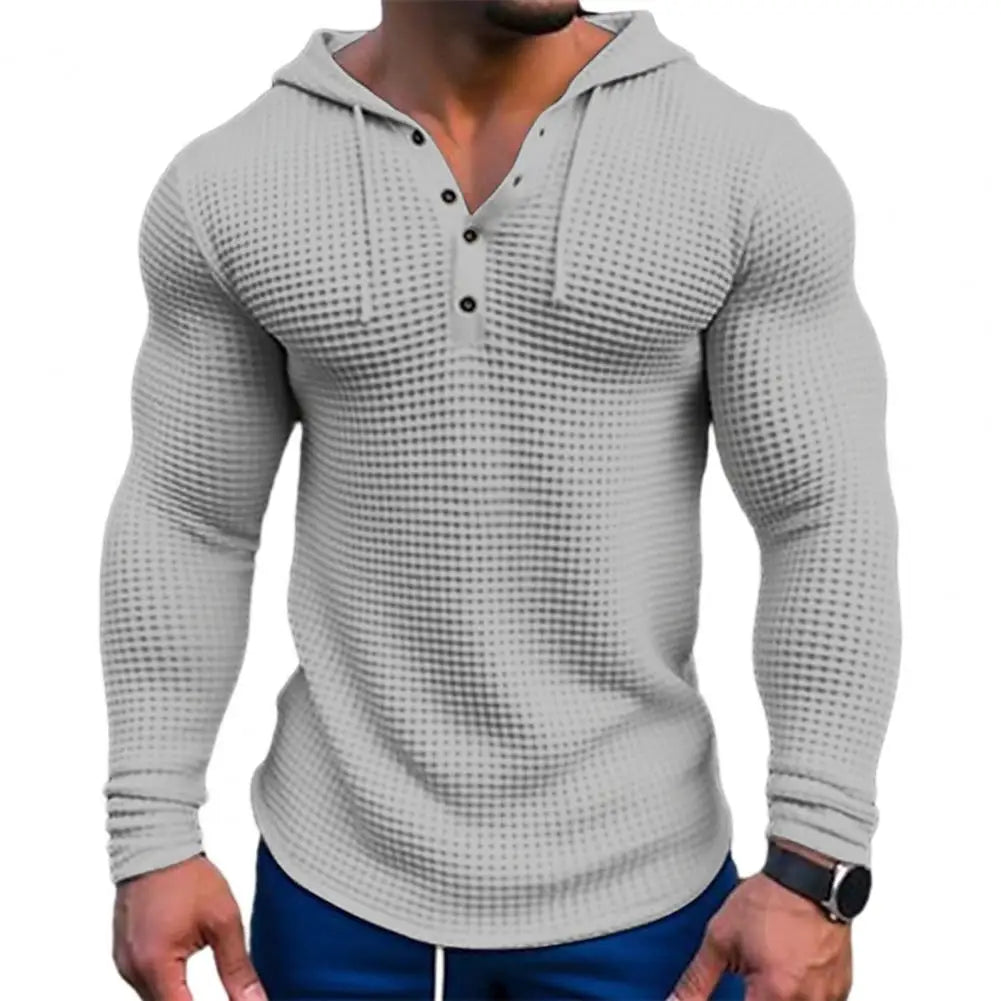 Spring Solid Color Slim Fit Long Sleeved T-shirt, Men's Hooded Breathable Sports Top, Waffle Cotton Casual Long Sleeved Shirt