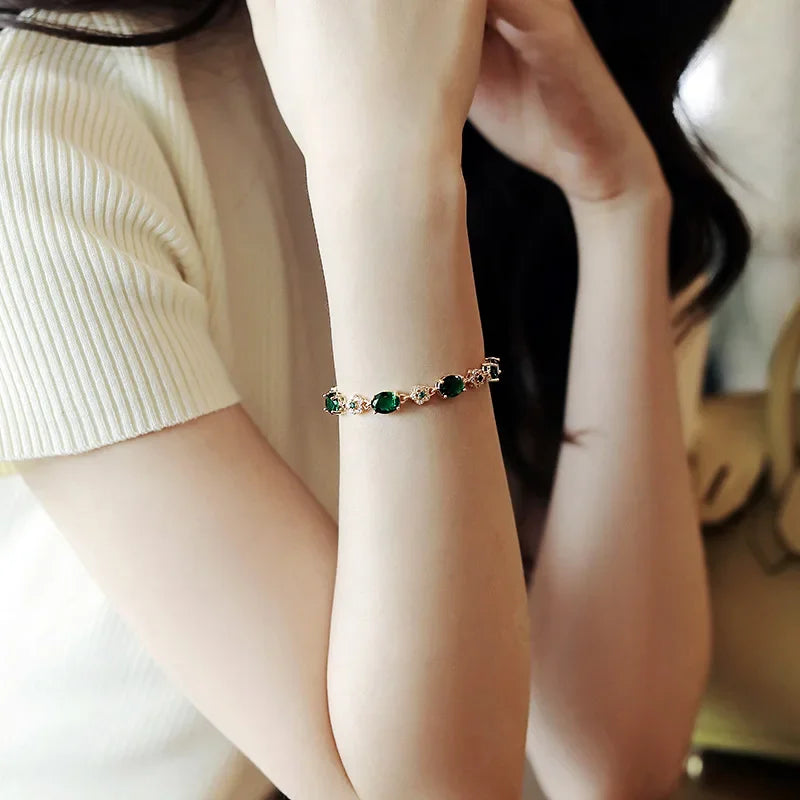 Elegant Green Rhinestone Crystal Bracelet Gold Color Link Chain Bracelets For Women Vintage Party Wedding Bridal Jewelry Gifts