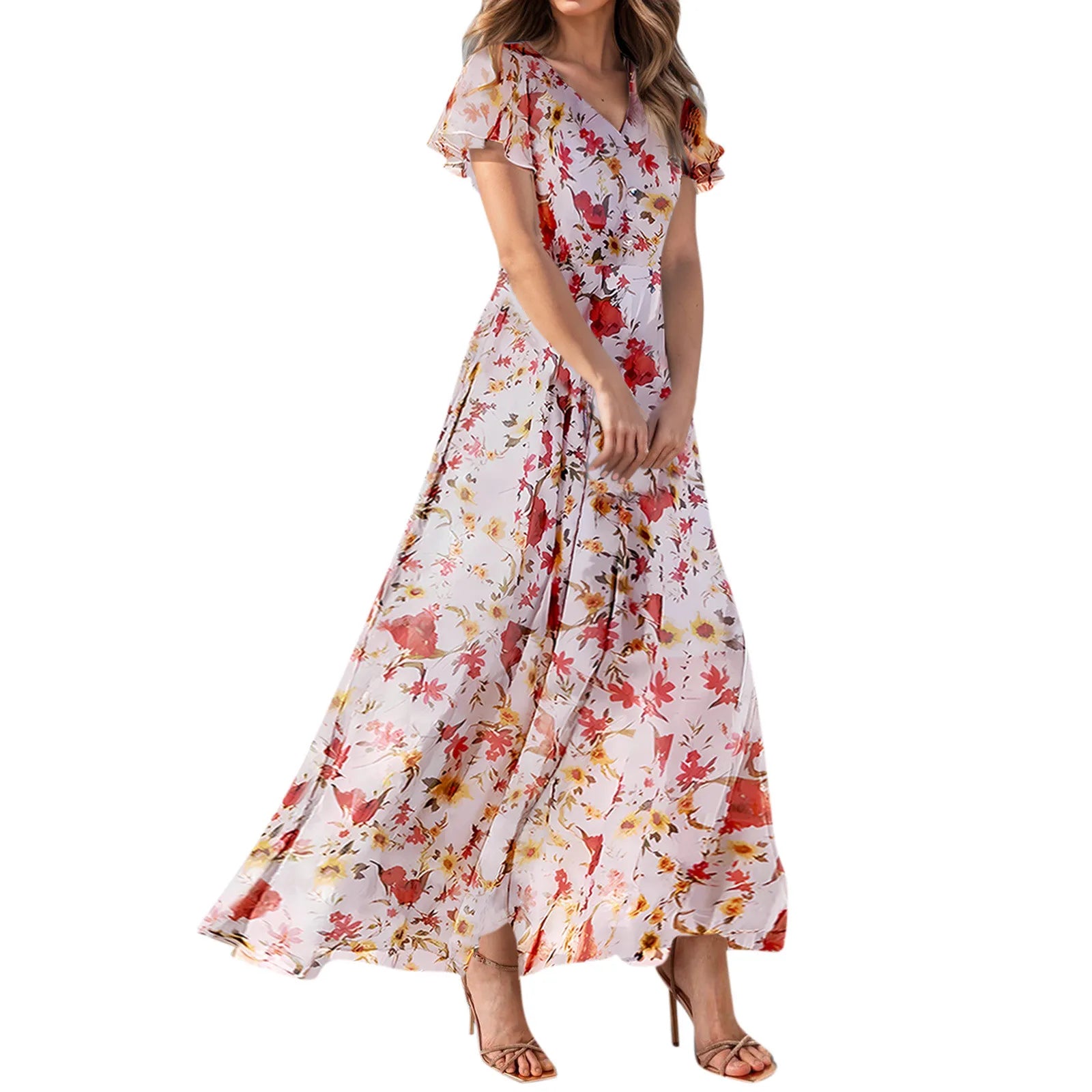 Women V-neck Ruffle Short Sleeve Maxi Dress Waist Tight High-waist Hem Sweet Floral Print Elegant Dress Female Clothing Vestidos
