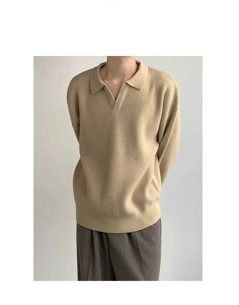 Korean Fashion V-neck Pullover Sweater Men's Casual Long Sleeve Knitted Polo Shirts Y2K Vintage Lapel Knitwear jersey hombre