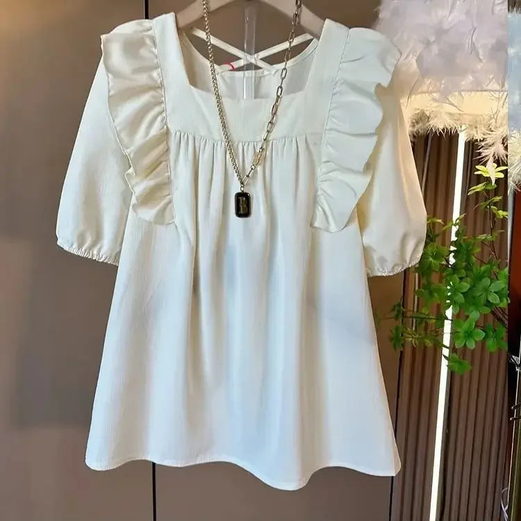 Summer Casual V-neck Back Cross Strap Fly Sleeve Elastic Shoulder Loose Fit Small Shirt Versatile Simple Top for Plump Sister