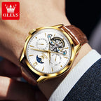 OLEVS 6663 Mens Watch Original Mechanical Watch Tourbillon Waterproof Luminous Leather Strap Moon Phase Day-Date Watch With Box
