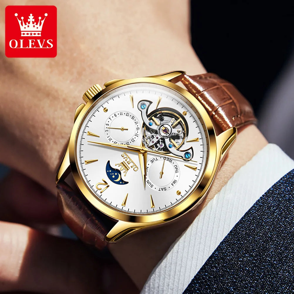 OLEVS 6663 Mens Watch Original Mechanical Watch Tourbillon Waterproof Luminous Leather Strap Moon Phase Day-Date Watch With Box