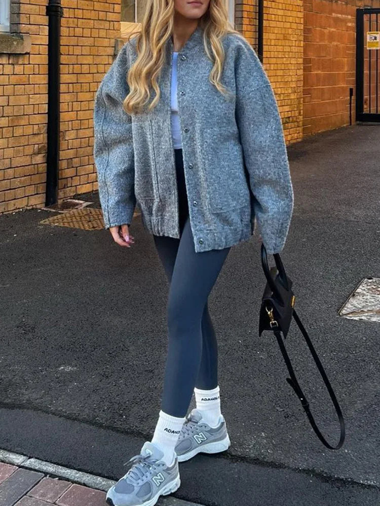 MiuKoMiYa Army Green Short Wool Blend Bomber Jackets For Women Winter Outdoor Women's Woolen Blend Coat Women Loose Wool Jacket
