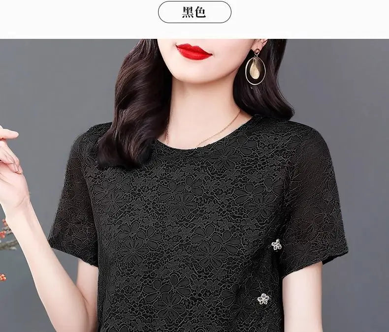 Lace Women's Summer New Fashion Stylish Short Sleeve T-Shirt Plus Size Design Sense Loose Slimming Top