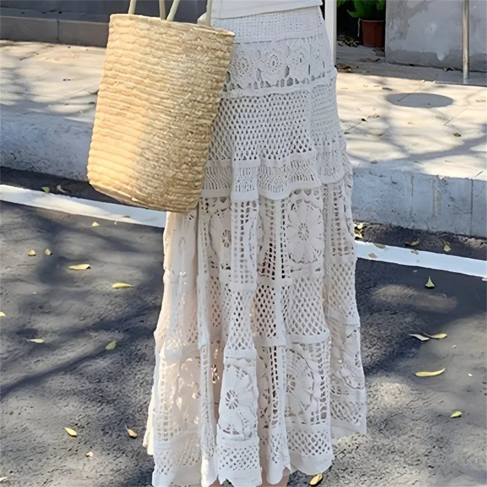 Mid Long Skirt Vintage Women Knitted Skirt 2025 Spring Summer High Waist Holllow Out Crocret Floral Pleated Skirts Lace Elegant