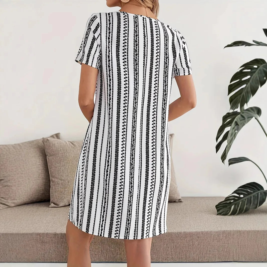 Casual Striped Print Dress For Women Fashion O-Neck Short Sleeve Loose Dresses Lady Office Womens Clothing Summer New Plus Size