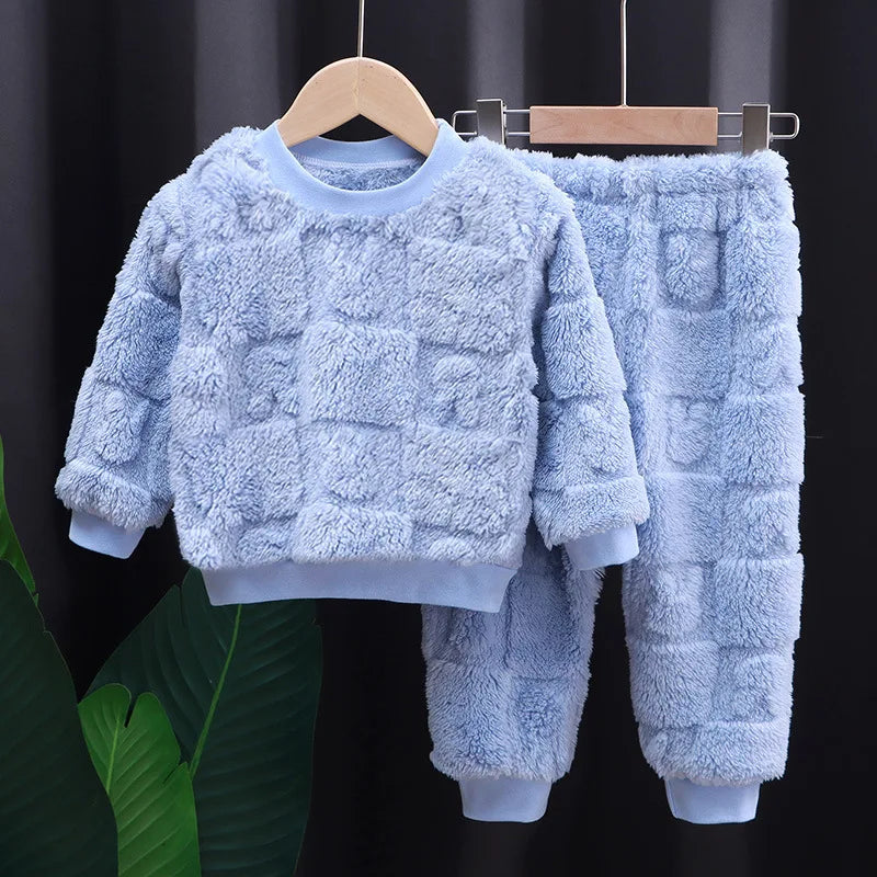 New Autumn and Winter Flange Pajamas Suits Children's Long Sleeve Top+Trousers Sets Plus Velvet Thick Home Wear 1-6 Years Old