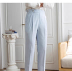 High-end Striped Men's Suit Pants Spring Summer Thin Italian Straight Casual Trousers Blue Paris Buckle Business Trousers