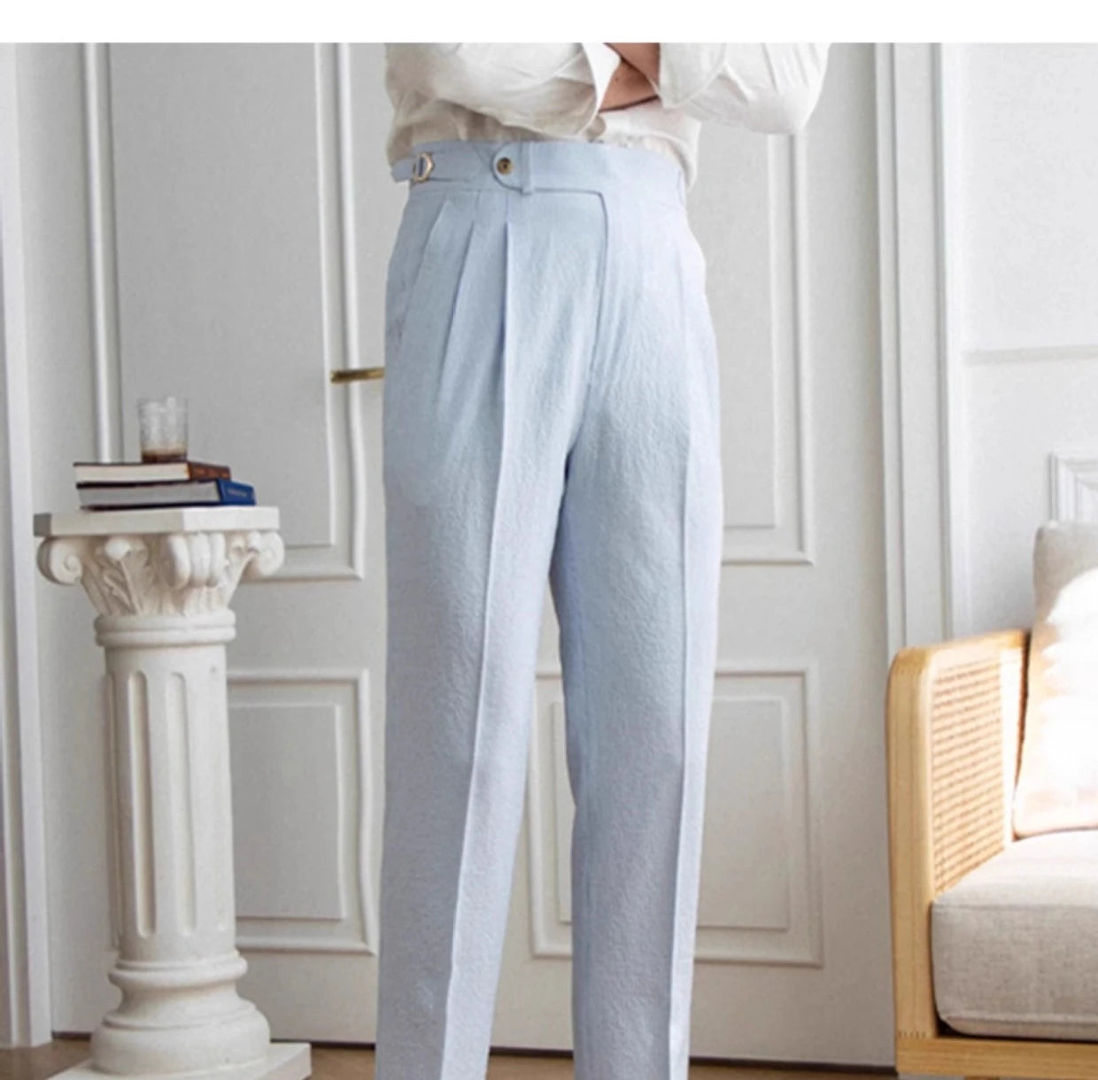 High-end Striped Men's Suit Pants Spring Summer Thin Italian Straight Casual Trousers Blue Paris Buckle Business Trousers