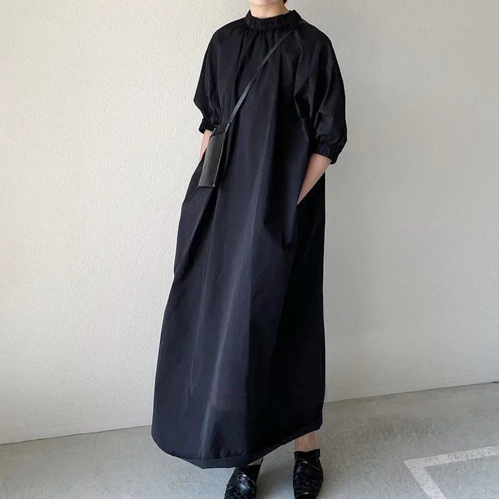 Japanese Style Dress2023 Summer New Women's Clothing Solid Color Stand Collar Dress Loose-Fit Elegant A- Line Long Dress