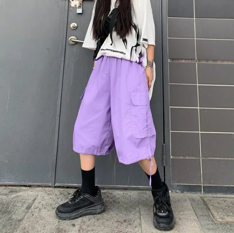 Zoki Streetwear Harajuku Oversize Bf Cargo Shorts Hip Hop Fashion High Waist Women Big Pockets Casual Shorts Summer Loose Shorts