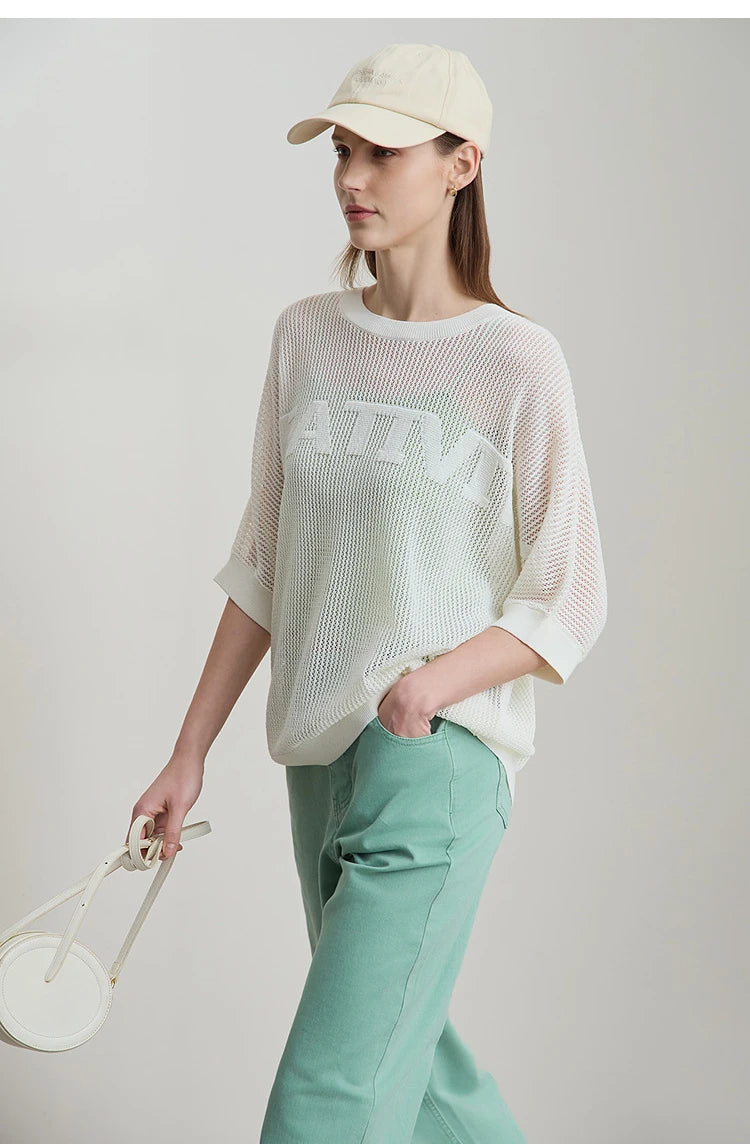 Amii Minimalist Women's Hollowed-out Knitted Pullover 2025 Summer New Half-sleeve Crew Neck Loose Blouse Thin Solid Top 12542139