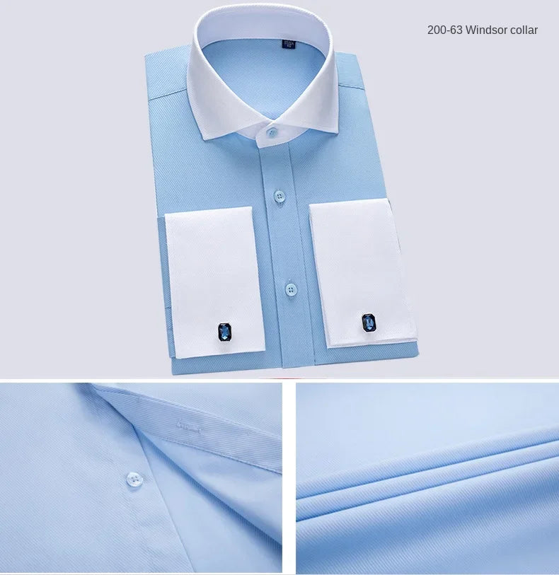 2024 Niche Chic Double Folded Sleeve Windsor Collar  Business Long-sleeved Shirt Men's High-grade  Dress random French Cufflinks