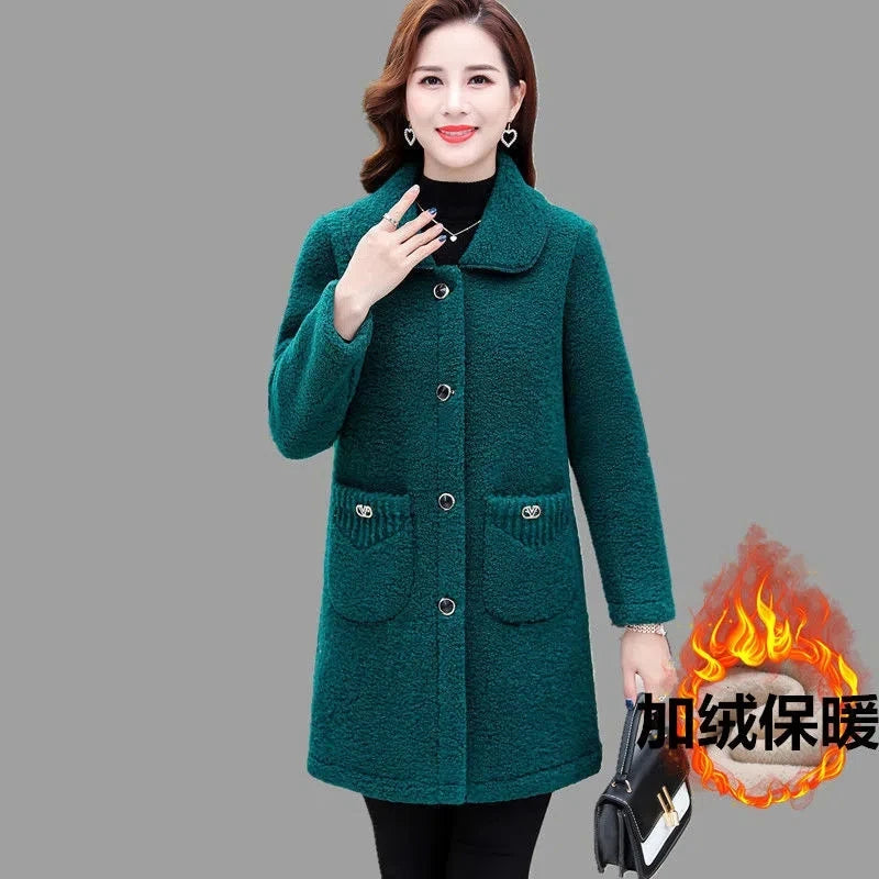 Middle-aged Mothers Faux lamb Wool Coat 2024 Autumn Winter Loose Long-sleeve Outerwear Solid Female Jacket Parkas Casual Tops