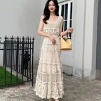 Retro Hollow Knitted Crochet Women's Solid Color Skirt 2025 Summer Fashion Lace Patchwork Female High Waisted Skirt