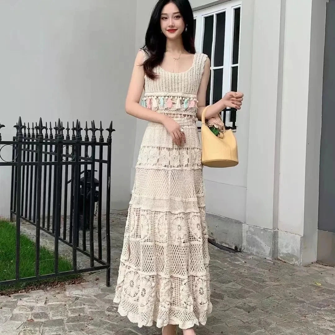 Retro Hollow Knitted Crochet Women's Solid Color Skirt 2025 Summer Fashion Lace Patchwork Female High Waisted Skirt