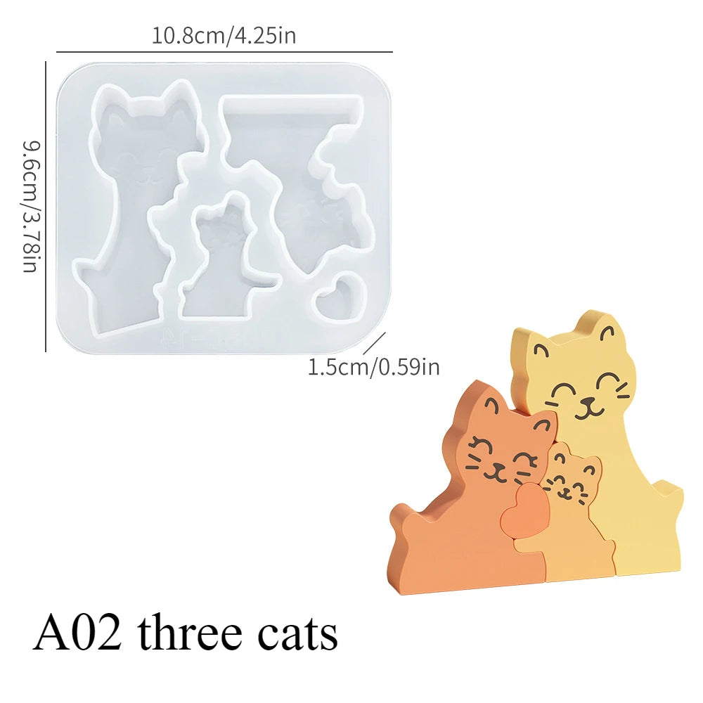 Dogs Family Puzzles Clay Silicone Mold Cat Bear Elephant Gypsum Plaster Mould Animal Craft Ornament Cement Concrete Resin Mold