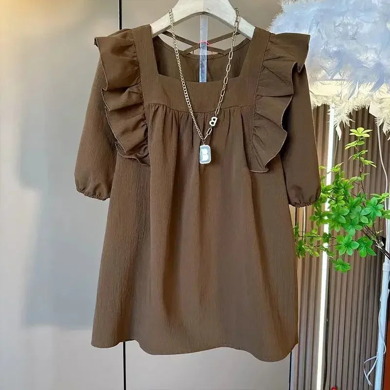 Summer Casual V-neck Back Cross Strap Fly Sleeve Elastic Shoulder Loose Fit Small Shirt Versatile Simple Top for Plump Sister