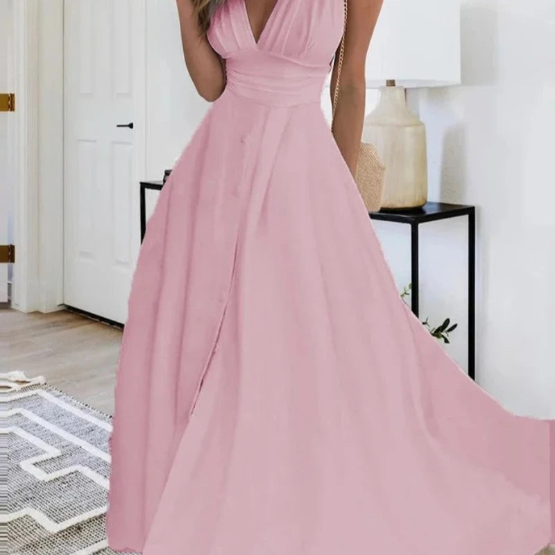 Women'S Fashion Casual Dresses Spring And Summer Solid Color Sleeveless V Neck Side Zipper Style Long Dress Elegant Sundress