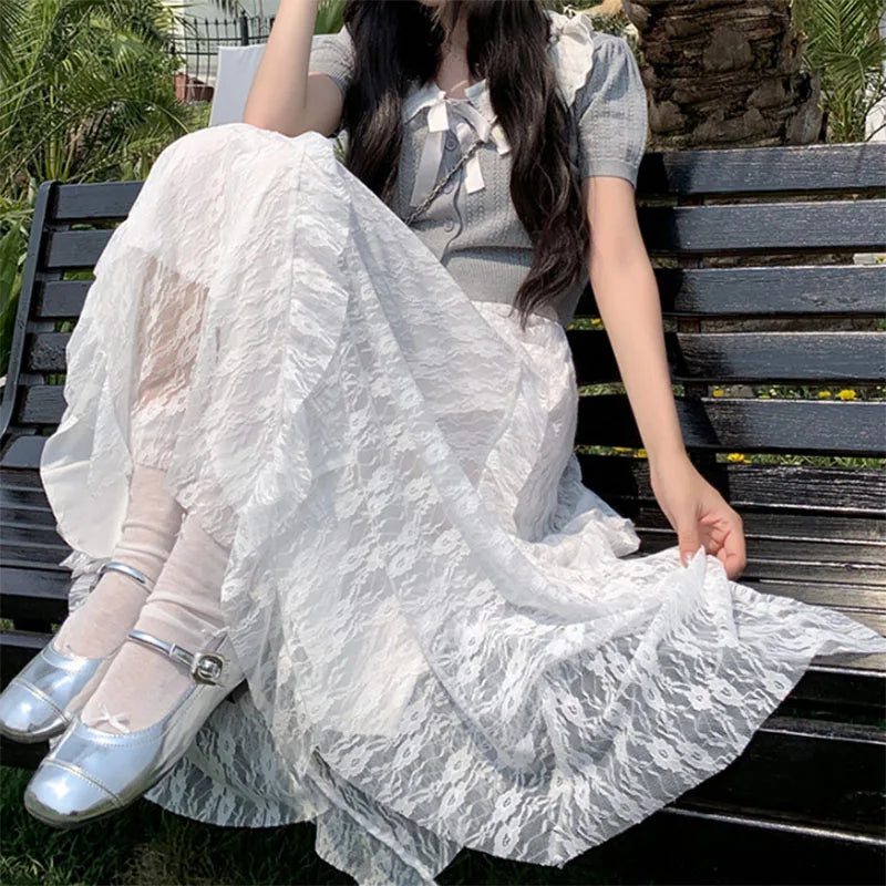 White Lace Irregular Maxi Skirts Women Vintage Ruffles Spliced A-Line Skirts Woman Summer Design Sheer High Waist Cake Skirt