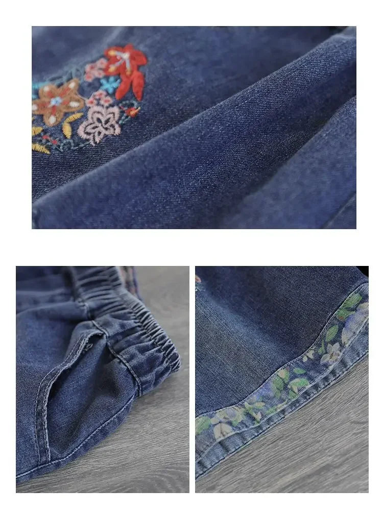 Vintage Jeans Shorts Women Summer Floral Embroidery Elastic High Waist Denim Shorts Design Wide Leg Trousers Blue Black Shorts