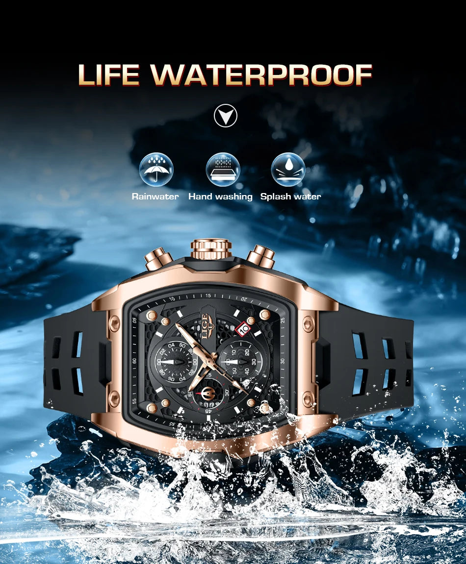 LIGE Quartz Mens Watches Fashion Business Military Wrist Watch For Men Silicone Sport Waterproof Chronograph Square Watch Men