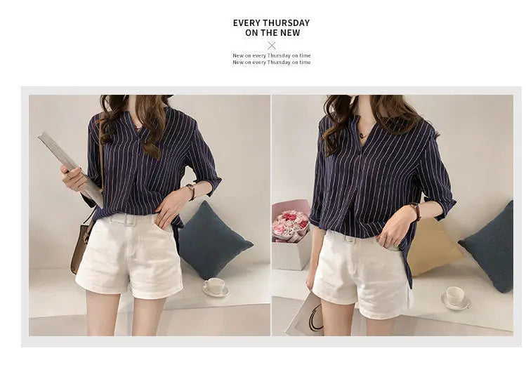 Office Lady Women's Clothing Fashion Casual Striped Loose Three Quarter Sleeve Summer Thin Simplicity Round Neck Button Blouses