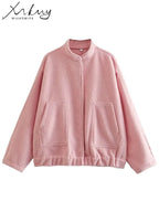MiuKoMiYa Army Green Short Wool Blend Bomber Jackets For Women Winter Outdoor Women's Woolen Blend Coat Women Loose Wool Jacket