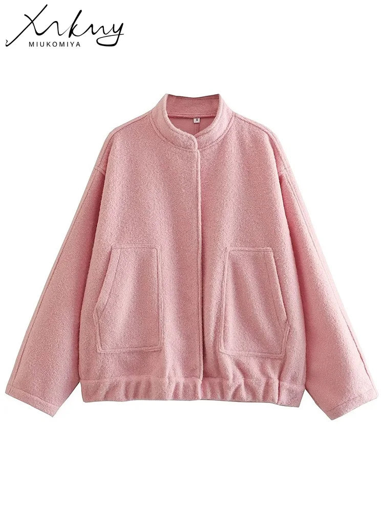 MiuKoMiYa Army Green Short Wool Blend Bomber Jackets For Women Winter Outdoor Women's Woolen Blend Coat Women Loose Wool Jacket