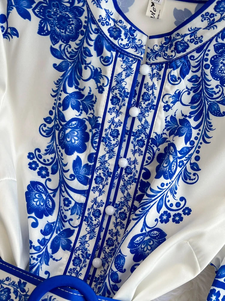 Spring Maxi Belt Dresses for Women Chic Vintage Printing Robe Femme Stand Neck Tunic Lantern Sleeve Dress 2024 Vestidos De Mujer