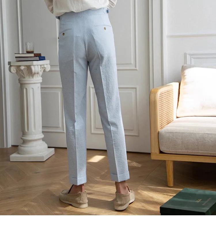 High-end Striped Men's Suit Pants Spring Summer Thin Italian Straight Casual Trousers Blue Paris Buckle Business Trousers