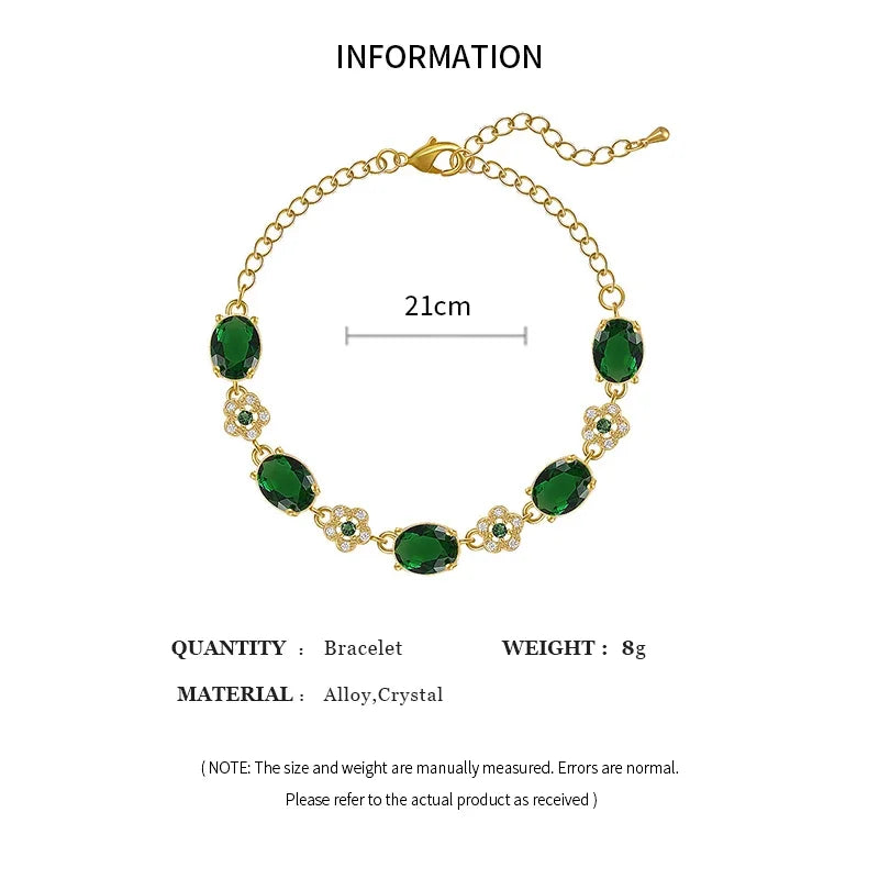 Elegant Green Rhinestone Crystal Bracelet Gold Color Link Chain Bracelets For Women Vintage Party Wedding Bridal Jewelry Gifts